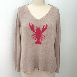 Wooden Ships Graphic Lobster V-Neck Sweater Tan & Pink Cotton Blend Coastal S/M